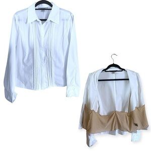 White Shirt with Waist Cinch Panel Pleated Front Zipper Closure Size 14 Like Nee